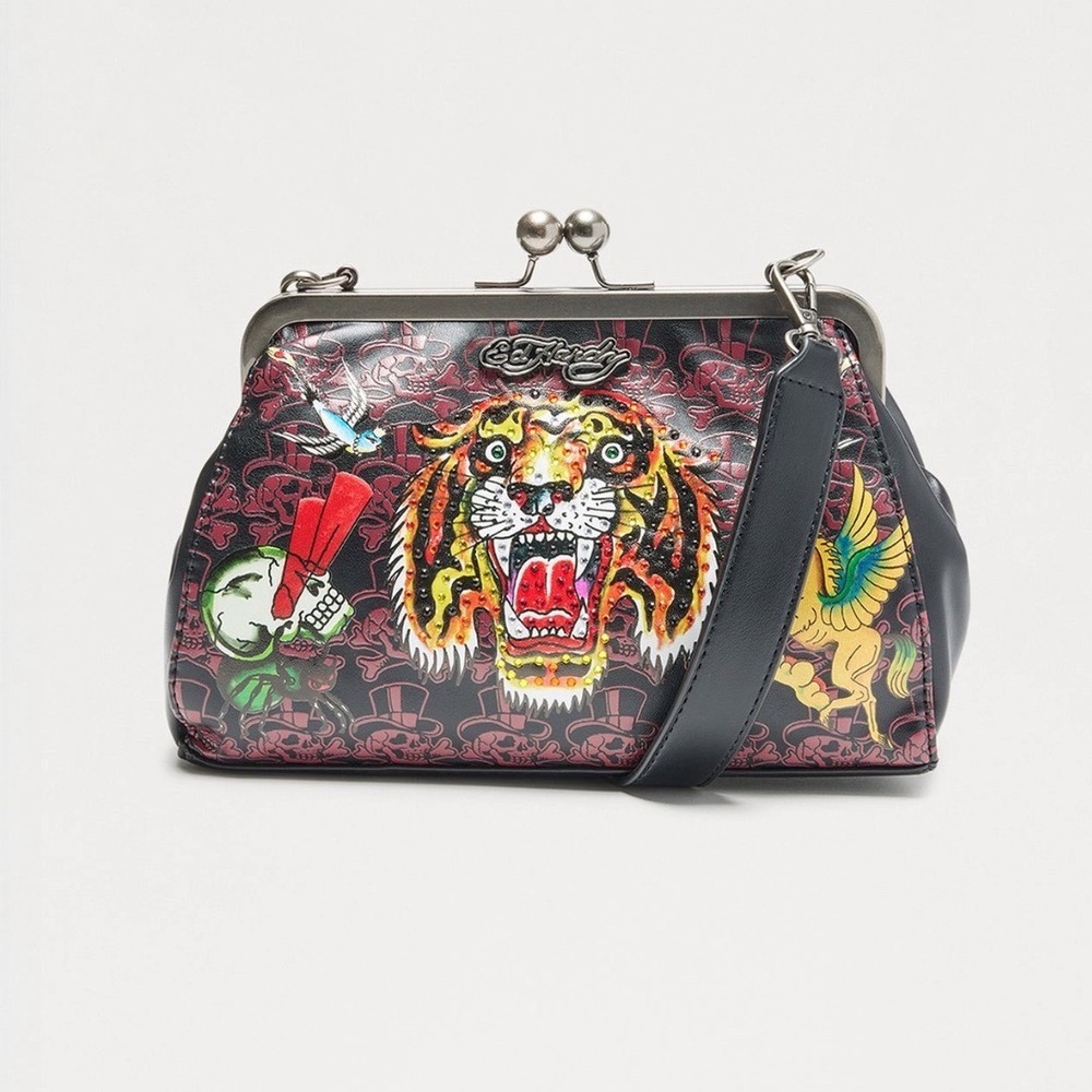 Ed Hardy Tiger Skull Tattoo Kiss Lock Crossbody Bag Black Red Leopard Keychain